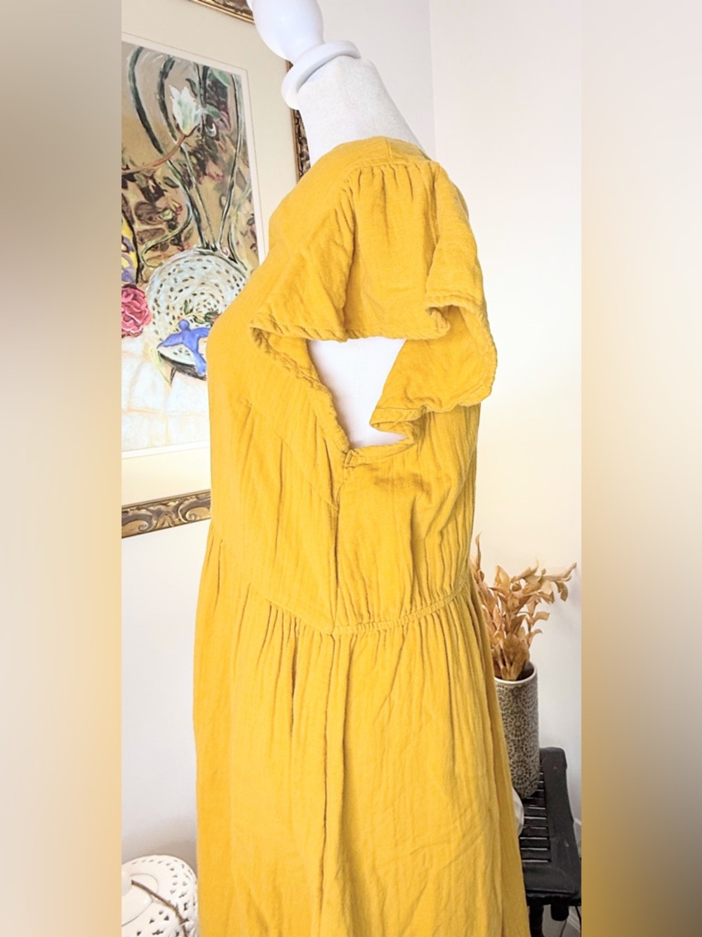 Time Tru Yellow Cotton Gauze Midi Dress L 12 14 Boho Tiered Summer Beach - Picture 4 of 7